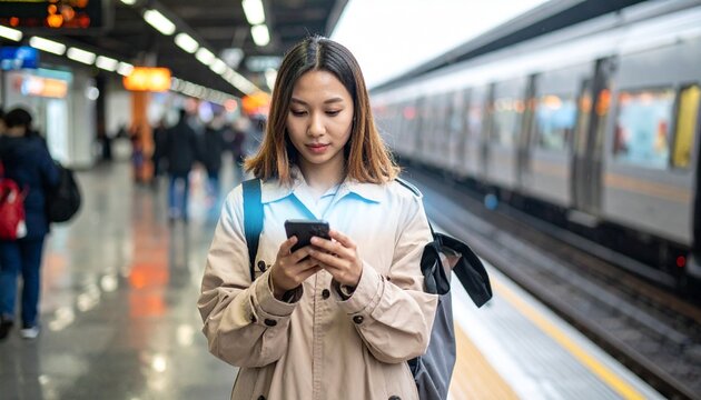 駅のホームでスマートフォンをホログラムのように手に持つ女性の通勤シーン