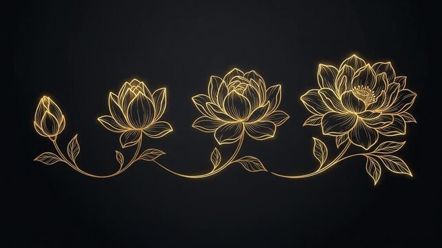黒背景金線で描く花開花連続アニメーション