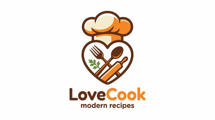 Obraz premium A logo design featuring a heart shape combined with cooking elements, showcasing a chef's hat, forks, spoons, and a rolling pin, embodying the warmth of modern culinary art.