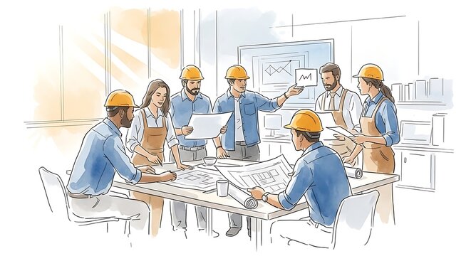 Diverse construction team in hard hats reviewing blueprints and documents at a meeting table discussing project plans in a collaborative setting.