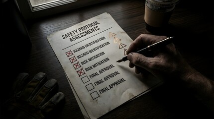 Naklejka premium safety equipment and checklist on desk
