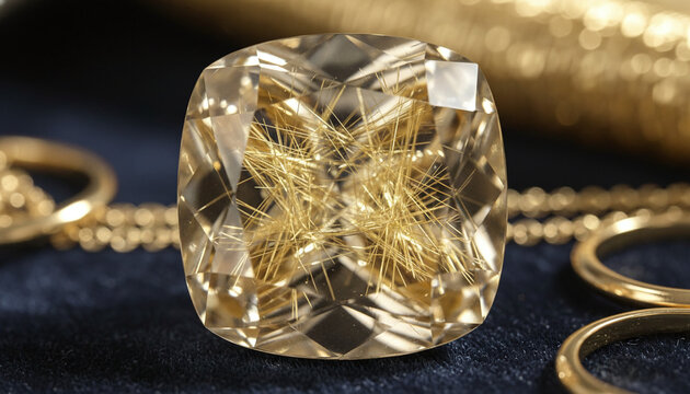 Golden rutilated quartz gemstone macro with glowing needle inclusions