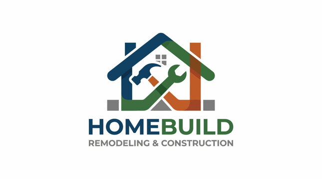 This image features a logo design for home remodeling and construction, showcasing tools within a house outline, ideal for branding construction companies.