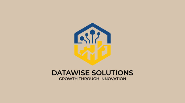 A contemporary logo for Datawise Solutions highlights circuit patterns within a hexagonal shape, emphasizing technology, growth, and innovation in data-driven design.