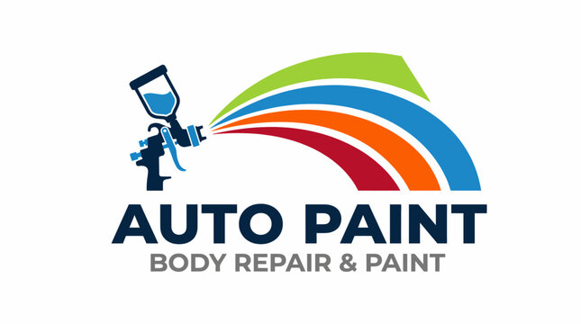 The logo for an auto paint shop artfully depicts a paint spray gun with colorful streams, conveying a sense of creativity and transformation in vehicle design and repair.