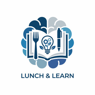 An engaging Lunch and Learn logo, depicting an open book, fork, and pen, symbolizing knowledge sharing and growth during workplace lunch sessions. It embodies educational exploration.