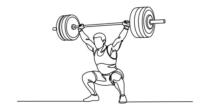 A black and white continuous line drawing of an athlete lifting a heavy barbell over his head