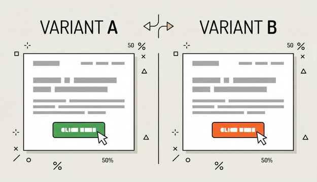 A modern collection of A/B testing illustrations showing split testing, experiment setup, variant comparisons, and performance results. Clean, stock-ready visuals for analytics, CRO, product optimizat