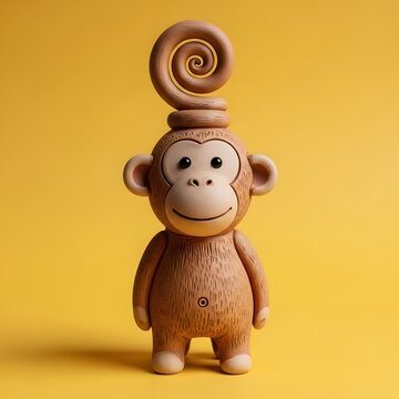 Charming ceramic monkey sculpture with a spiraling head on yellow background