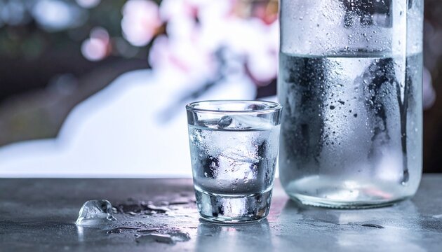 桜の花をバックに冷えたグラスと瓶に水滴が輝く冷酒の趣ある一枚