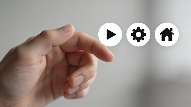 Hand interacting with digital icons play settings and home buttons touch screen interface concept technology and user experience design modern smart device control minimalist