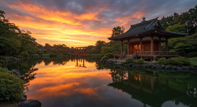 Tranquil japanese garden scene with pagoda reflected in still water at sunset