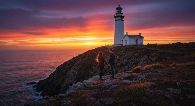 Couple observing sunset near lighthouse on cliffside