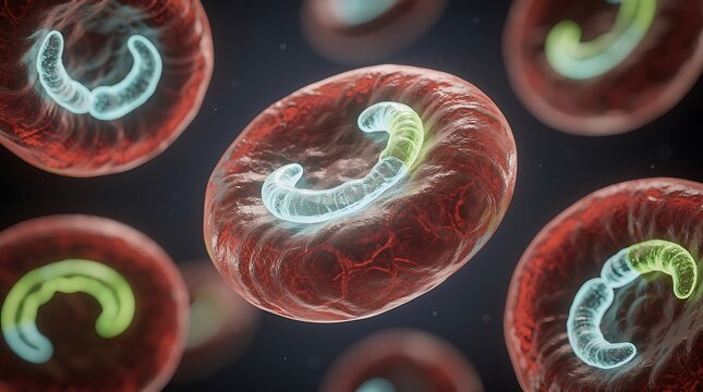 Microscopic view of red blood cells infected with crescent-shaped parasites, likely Plasmodium falciparum, causing malaria.