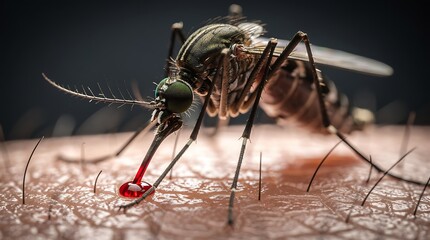 Naklejka premium A close-up macro shot of a mosquito with its proboscis piercing human skin and drawing a droplet of blood, highlighting its intricate anatomy and feeding process. World Malaria Day