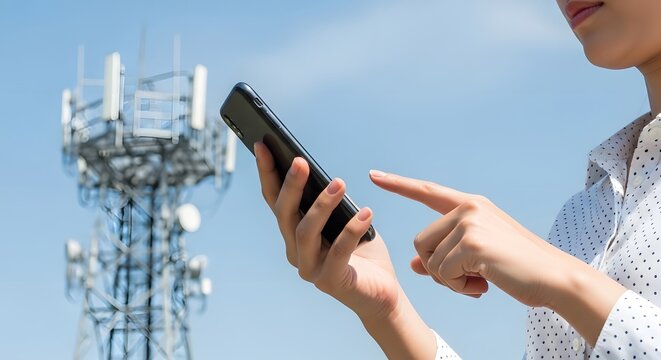 Closeup of a woman using a smartphone with a telecommunications cell tower in the background under a blue sky