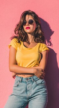 A young woman in a yellow top, sunglasses and jeans poses confidently against a pink background, conveying a playful summer style.
