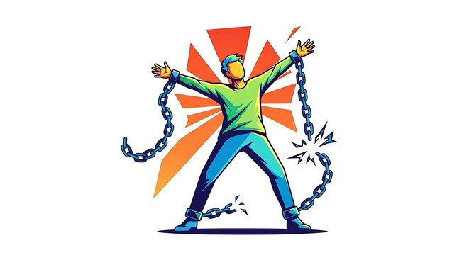 Man breaking free from chains strongly.