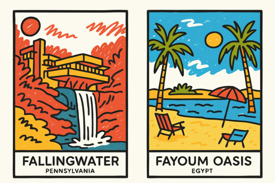 Fallingwater Pennsylvania and Fayoum Oasis Egypt travel destination postcards, flat design vector illustration in doodle drawn style