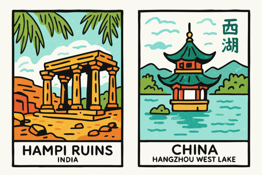 Hampi Ruins India and Hangzhou West Lake China stamp vector illustration in doodle drawn style