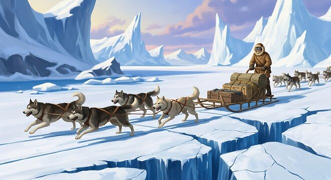 Dog sled team traversing icy landscape.
