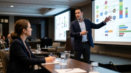 Fototapeta premium Focused presenter explaining multiline coverage benefits with detailed charts a single professional sitting nearby out of focus absorbing the information.