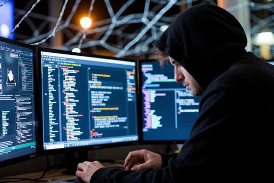 Hooded Hacker Working into the Night Surrounded by a Web of Digital Security Threats