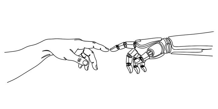 A minimalist black and white line art illustration showing a human hand reaching for a robot hand