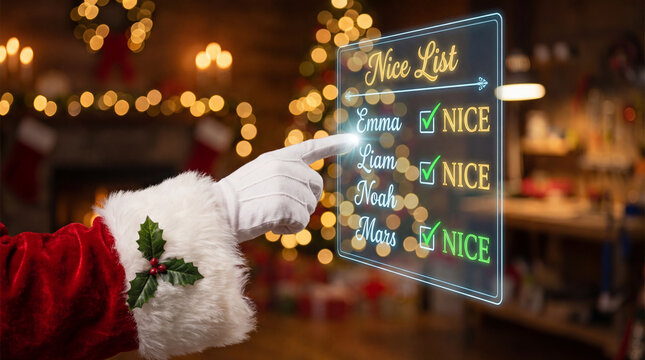 Santa checks the nice list by cozy fireplace