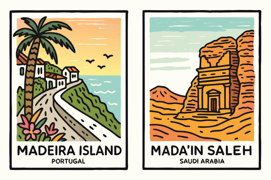 Madera Island Portugal coastal village and Mada'in Saleh Saudi Arabia ancient ruins vector illustration