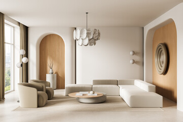 Obraz na płótnie Canvas Modern minimalist living room interior featuring neutral seating, sculptural lighting, curved architectural elements and warm wooden accents in serene contemporary design.. 3D Rendering