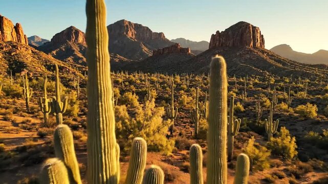 Scenic desert landscape with saguaro cacti and mountains under a warm sunset light
