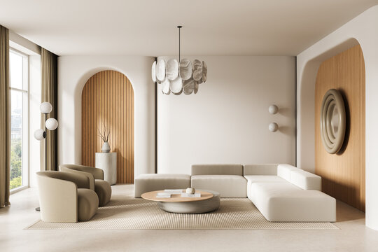 Modern minimalist living room interior featuring neutral seating, sculptural lighting, curved architectural elements and warm wooden accents in serene contemporary design.. 3D Rendering