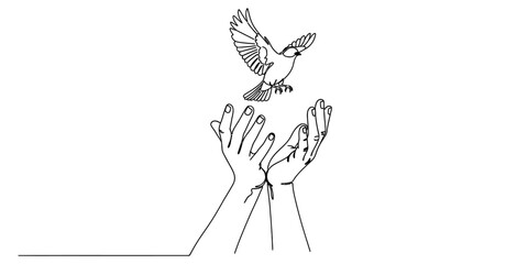 Obraz premium A detailed line art illustration depicting a pair of open hands releasing a small flying bird