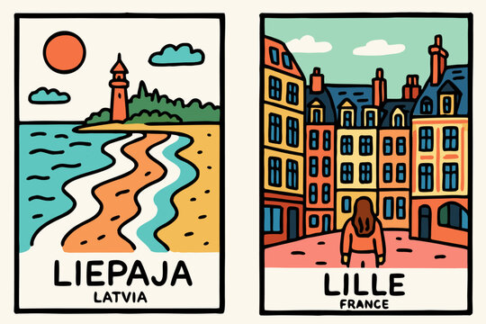 Liepaja Latvia coastal beach with lighthouse and Lille France cityscape vector illustration doodle drawn style