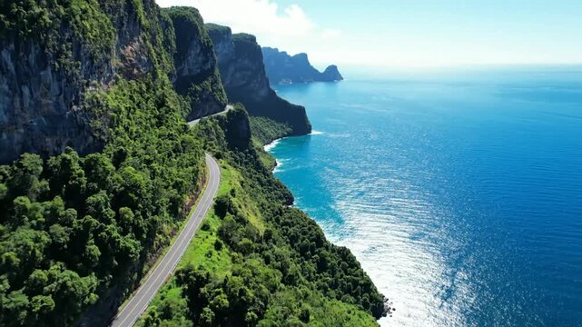 Scenic aerial view of a winding coastal road along a steep cliffside with lush green trees and the vibrant blue ocean