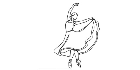 A minimalist single line drawing illustration of a graceful ballerina performing a dance move © S Arts & Culture