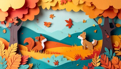 Fototapeta premium Autumnal Woodland Scene with Paper Cutout Animals in a Colorful Forest Landscape.