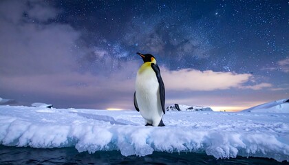 Obraz premium Majestic Emperor Penguin Standing Proudly on Antarctic Ice Under a Starry Sky a Vision of Polar Beauty and Resilience.