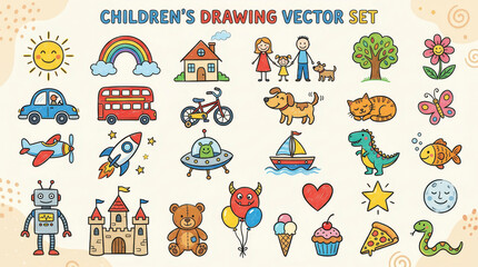 Fototapeta premium Children's Drawing Vector Set with Hand-Drawn Doodle Icons and Playful Characters