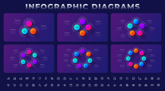 Infographic Diagrams Collection with Circular Process Templates and Business Icon Set on Dark Background