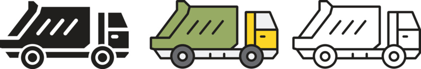 Dump Truck Icon Set, Construction Vehicle Vector Illustration in Outline Solid and Color Style © Pixora Creative