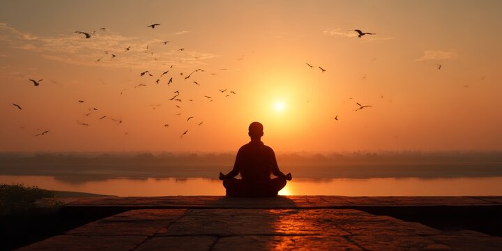 Man meditating by the river ganges at sunrise with birds flying in india