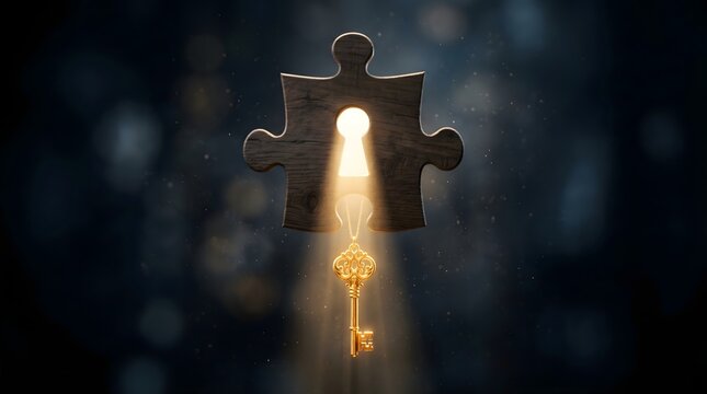 A golden key illuminates a wooden puzzle piece through its keyhole, representing the definitive solution to a complex mystery and the moment of profound conceptual breakthrough