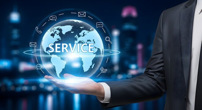 Businessman holding a digital globe with service icons representing global communication and business connectivity