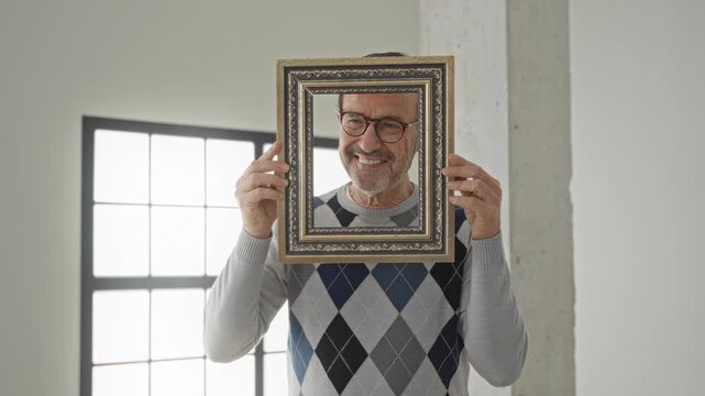 Man holds ornate frame around face with hands, smiling in a building interior, wearing gray argyle sweater near window; playful introspection.