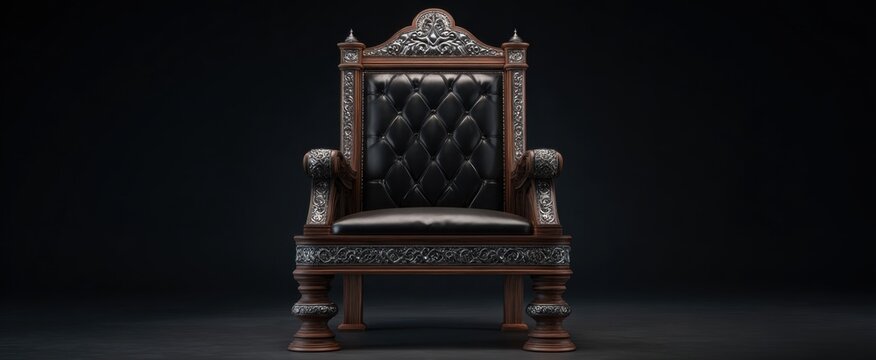 A regal throne made of dark polished wood with intricate metal accents.