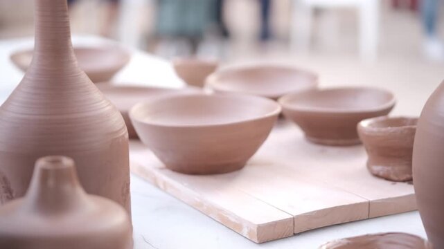 Personas trabajando el barro al aire libre, con tornos y usando sus manos para moldear objetos. Se trata de una sesi&oacute;n en p&uacute;blico de demostraci&oacute;n del arte de la alfarer&iacute;a. 