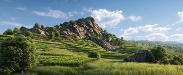 Fototapeta premium Lush green vineyards on rolling slopes create a stunning scene with natural beauty.