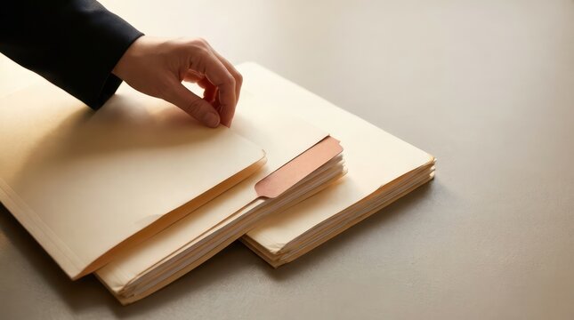 Business hand opening blank file folder with divider tab on neutral desk minimal paperwork organization background with copyspace for admin workflow report cover website header